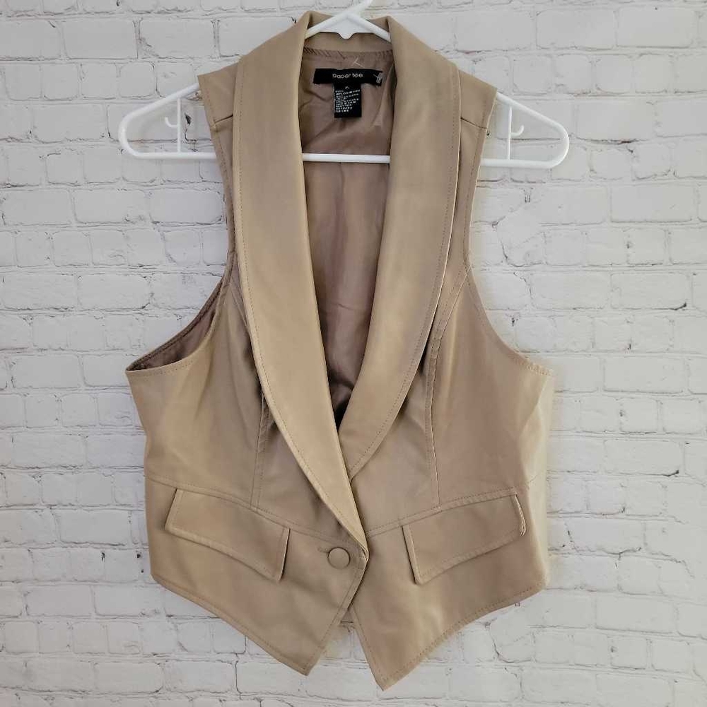 Paper Tee Womens Suit Vest Beige Button Lined Shawl Lapel Faux Leather XL